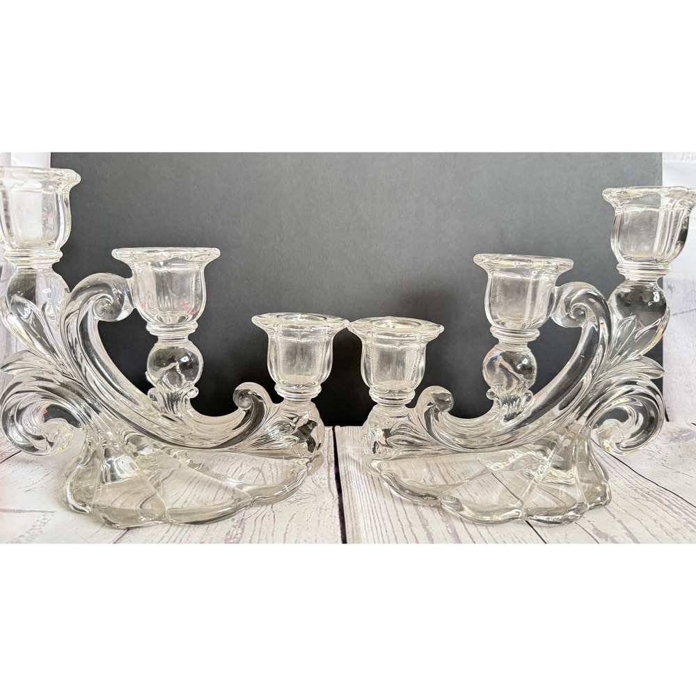 Vintage Clear Pressed Glass 3-Arm Candelabra Pair Scalloped Scroll Candle Holder